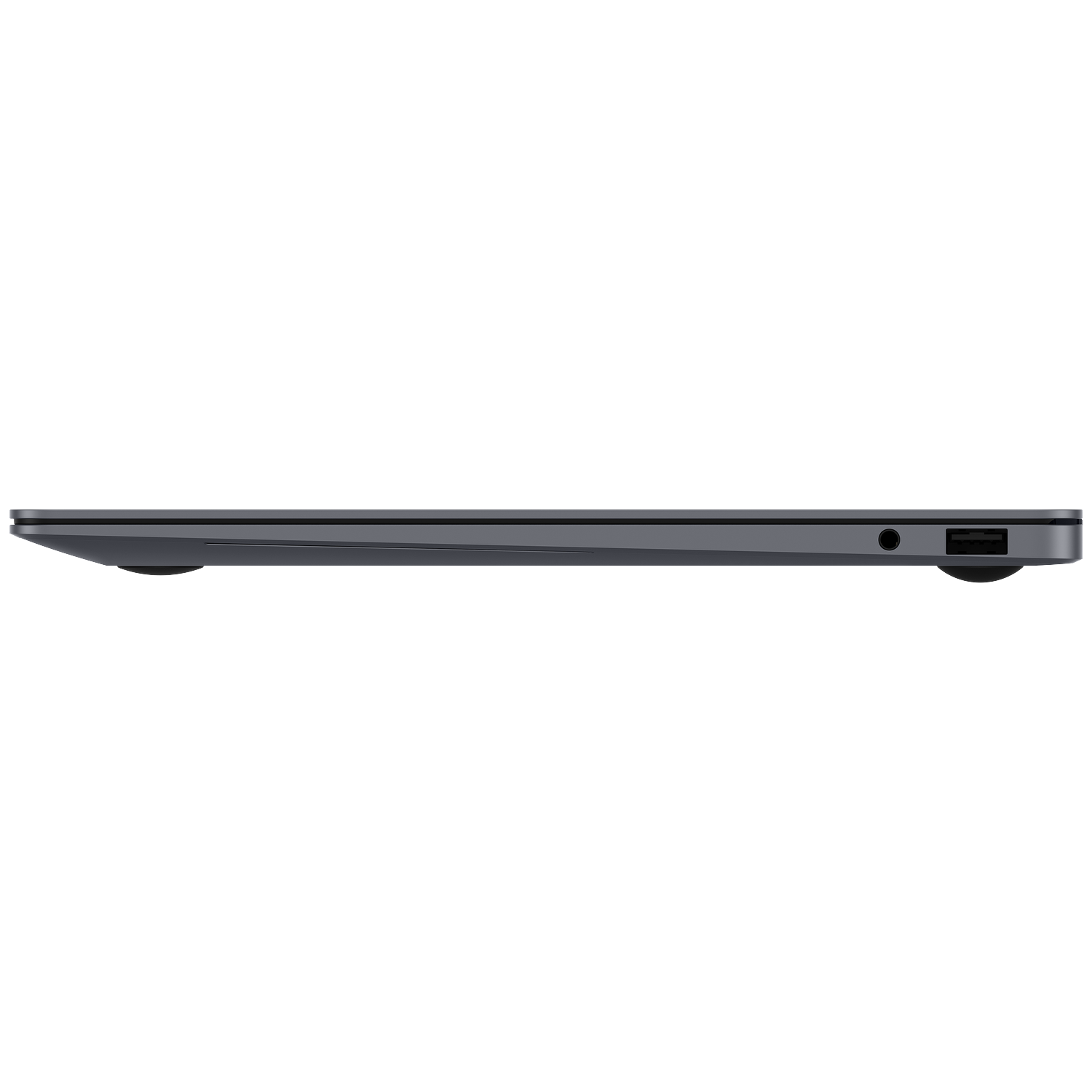 Gray laptop showing USB port and headphone jack on the right side.