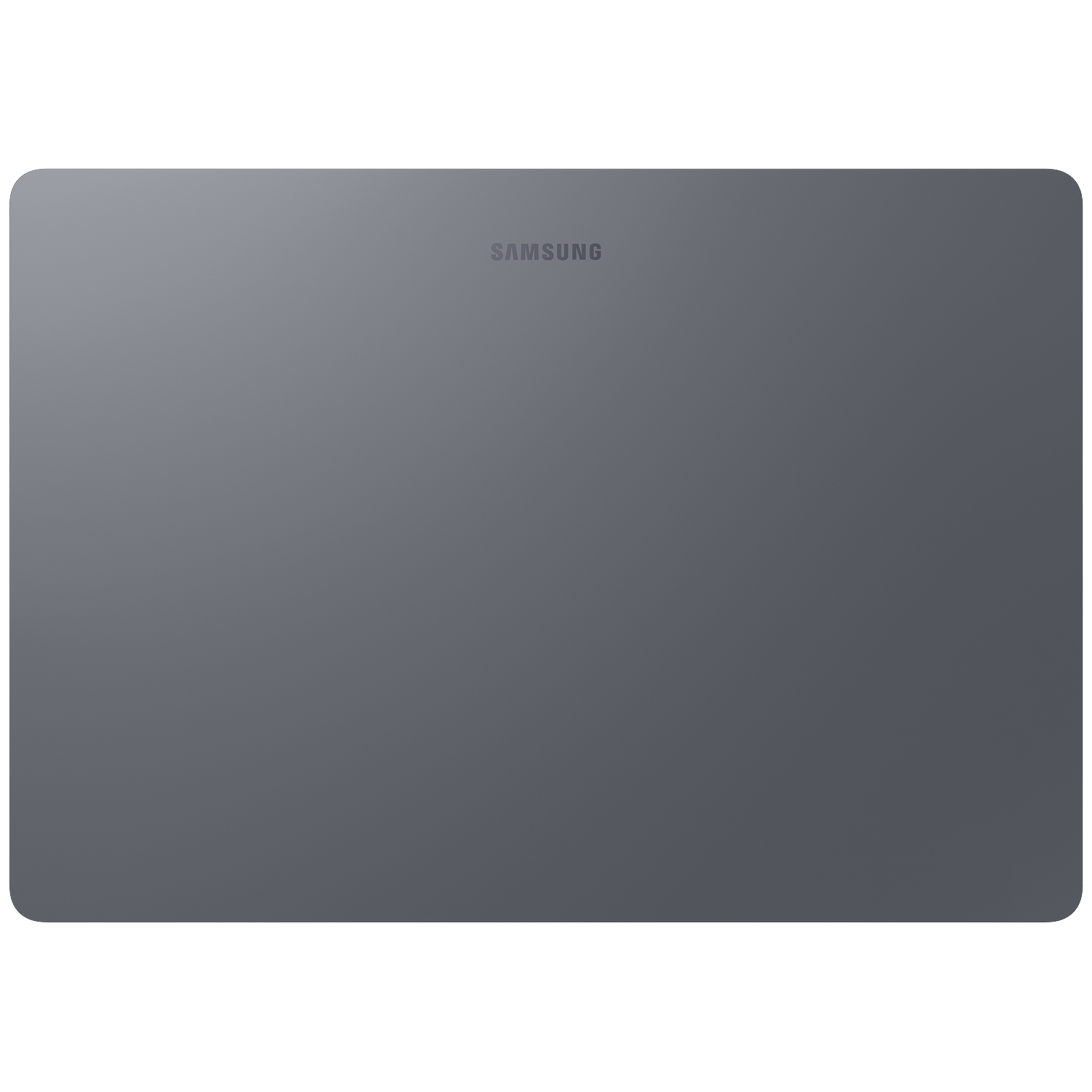 Gray back of a Samsung tablet with rounded corners.