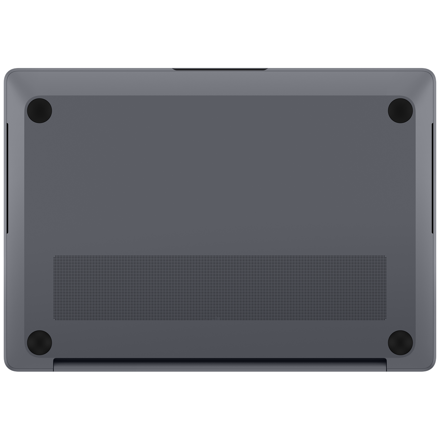 Underside of a gray laptop with four rubber feet and ventilation grilles.