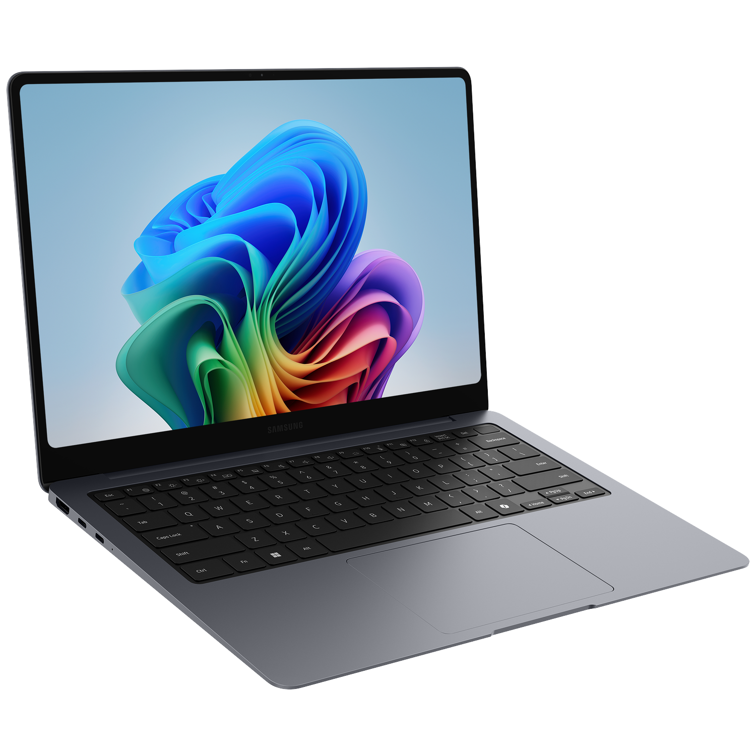 A grey Samsung laptop with a colorful abstract wallpaper on the screen.
