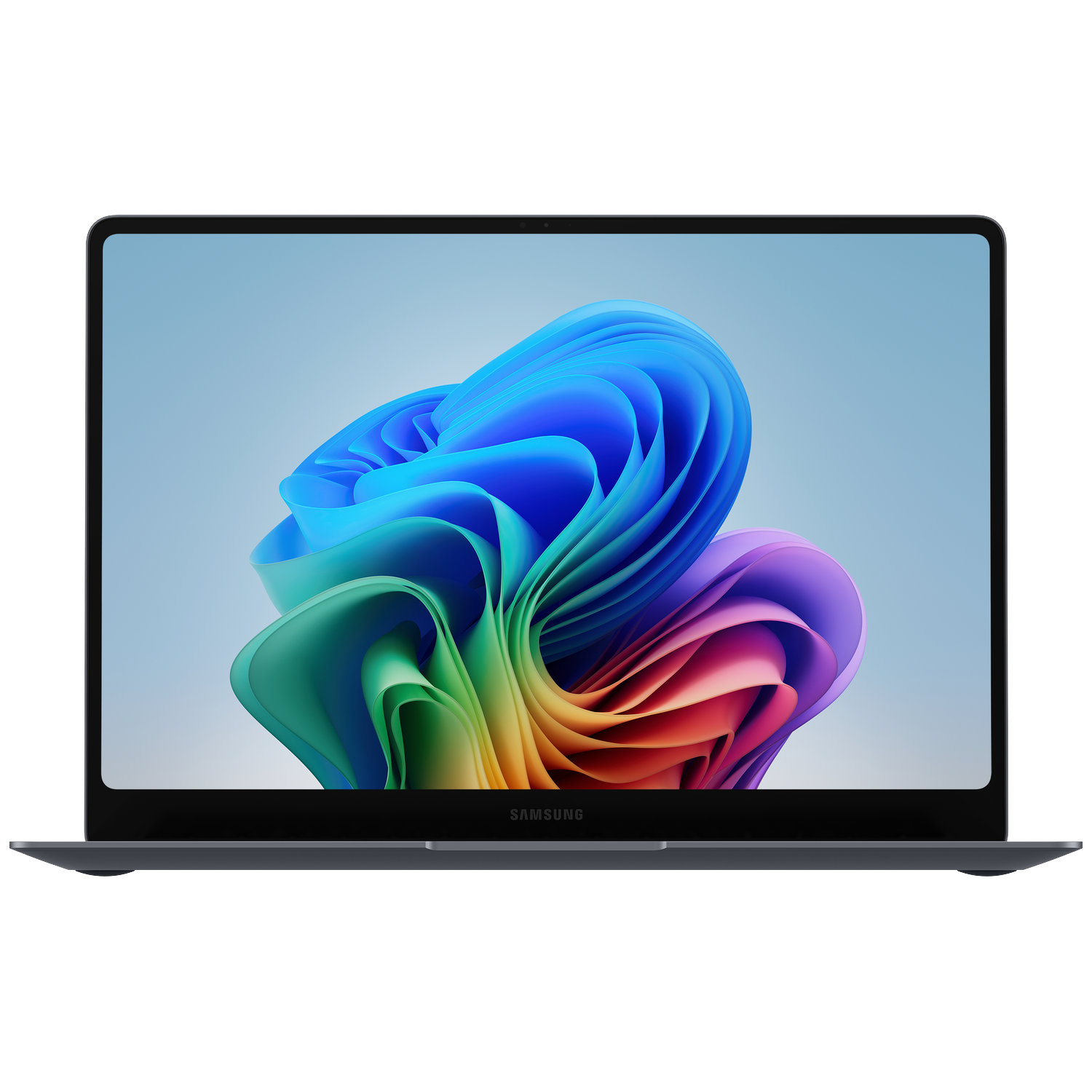 A Samsung laptop displaying a colorful, abstract wallpaper. Dark background.
