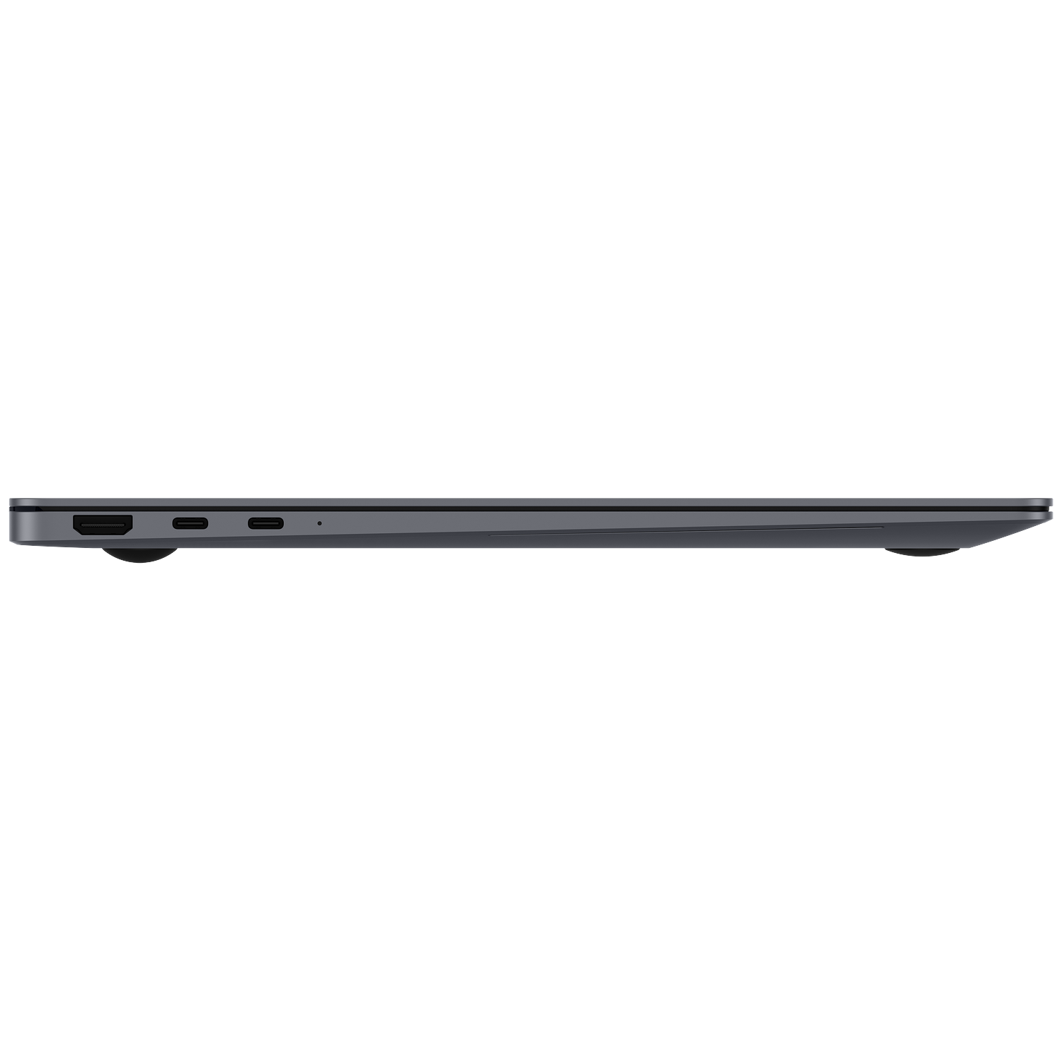 Gray laptop profile with ports: HDMI, 2x USB-C, headphone jack.