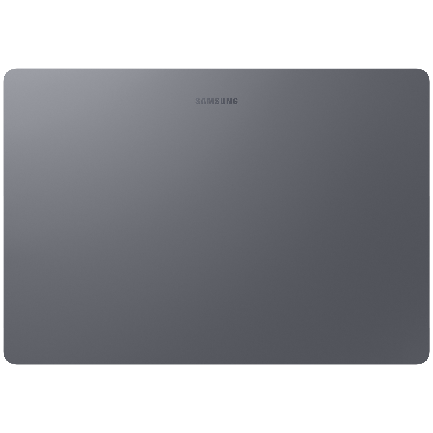 Back of a gray Samsung tablet with logo.