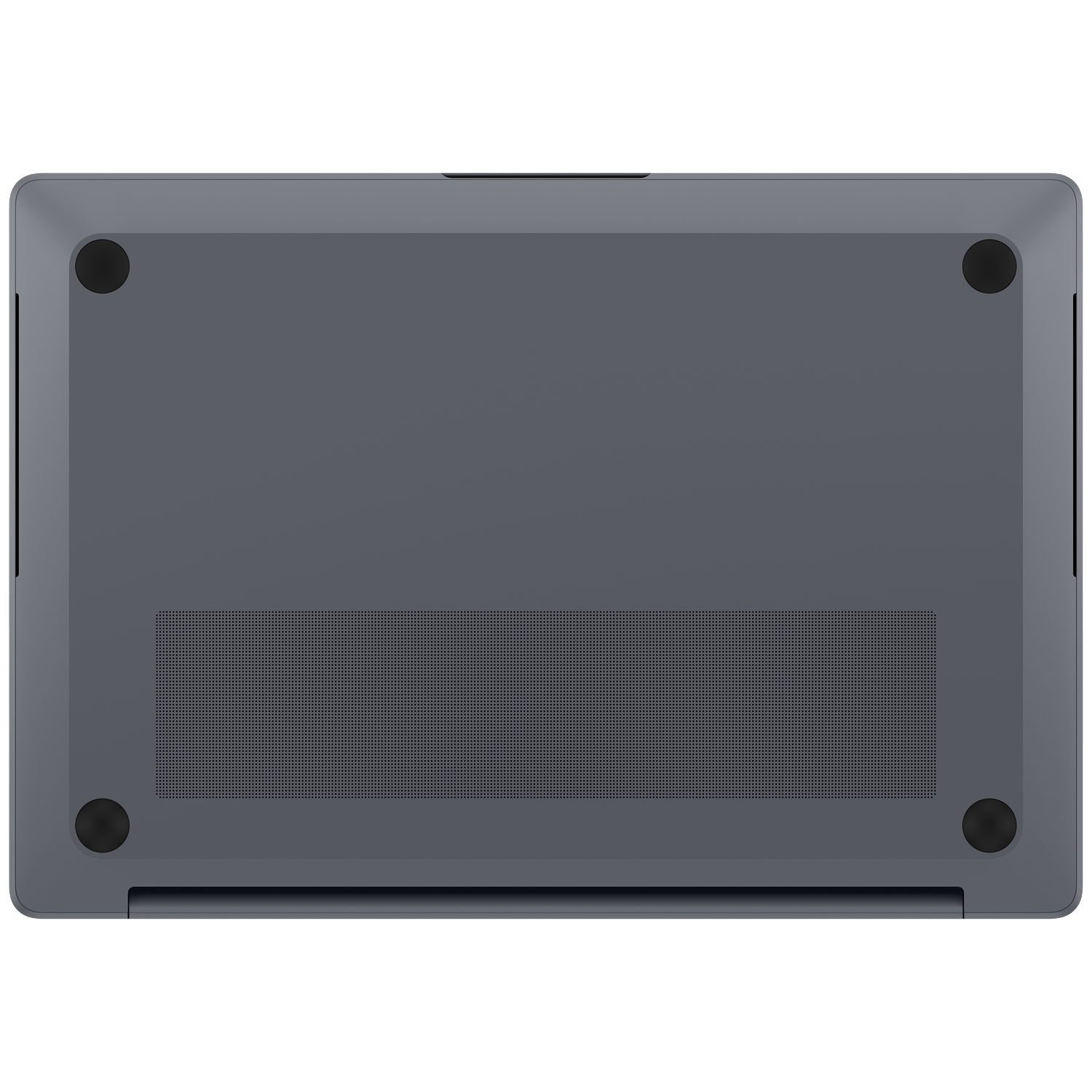 Underside of a dark grey laptop with four rubber feet and ventilation grilles.