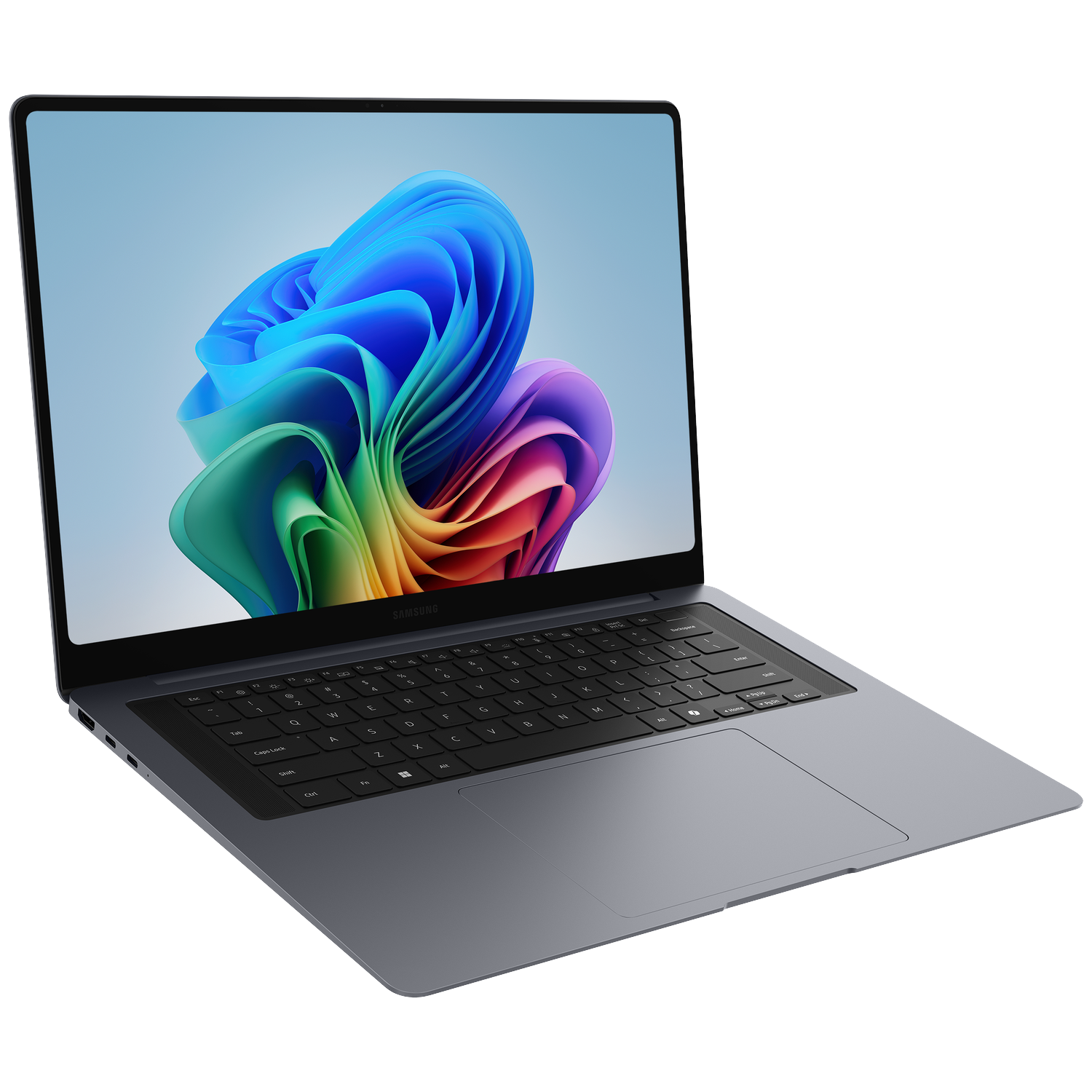 An open gray laptop displaying a colorful, swirling wallpaper on its screen.