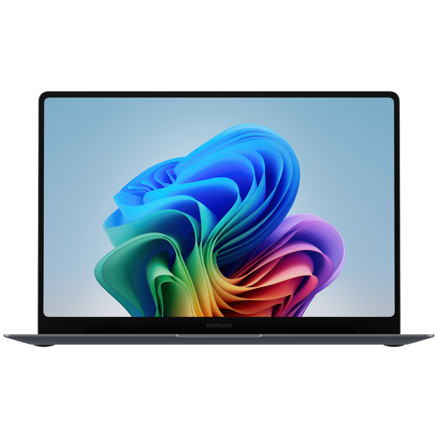 An open, dark Samsung laptop displaying a colorful, abstract wallpaper on its screen.