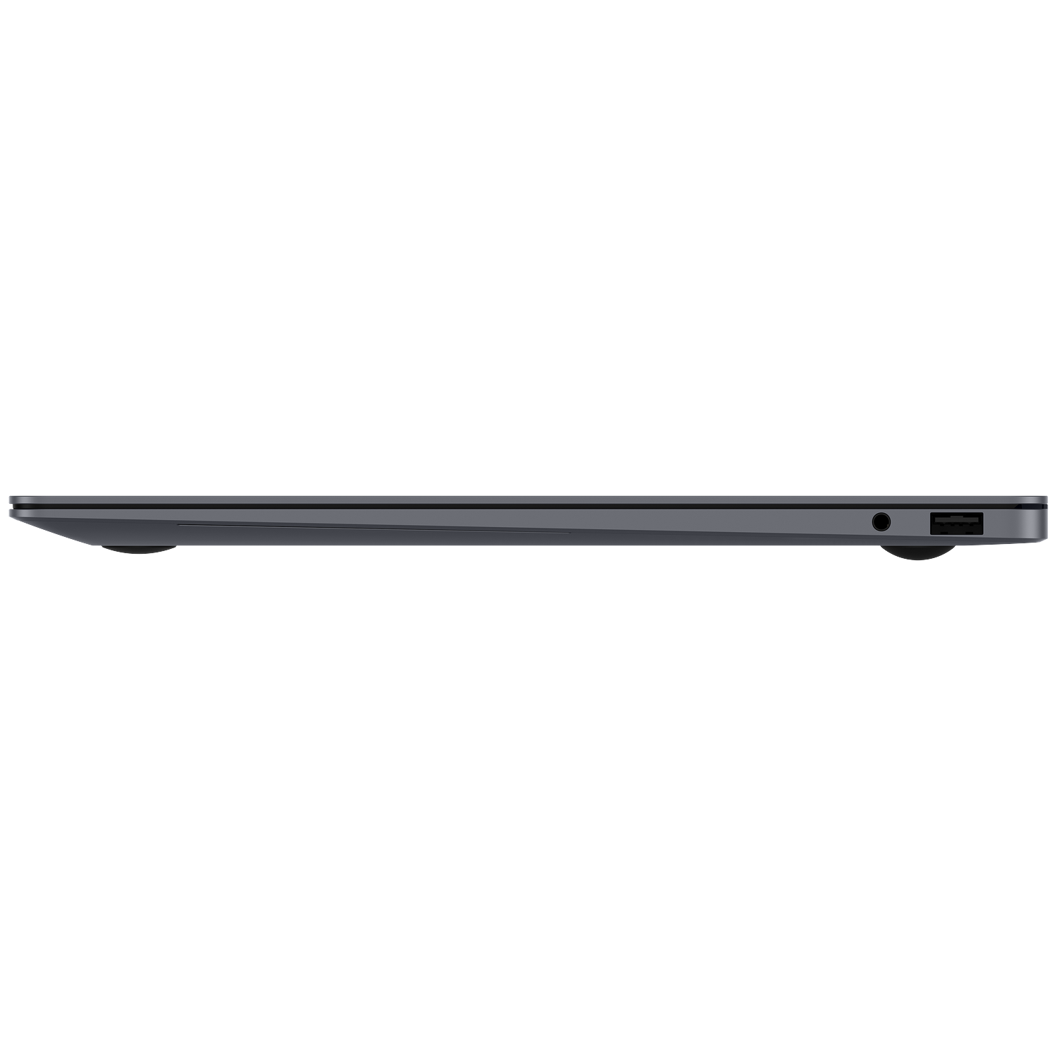 Gray laptop profile with USB port and audio jack.
