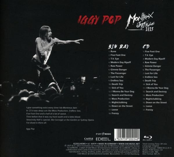 Iggy Pop auf der Bühne, Montreux Jazz Festival 2023, Trackliste im Hintergrund.