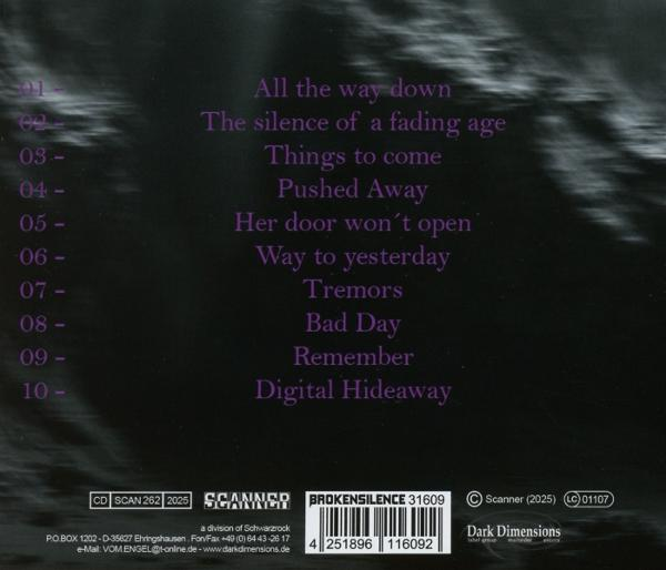 Rückseite eines CD-Covers mit Songtiteln in Lila auf schwarzem Hintergrund.