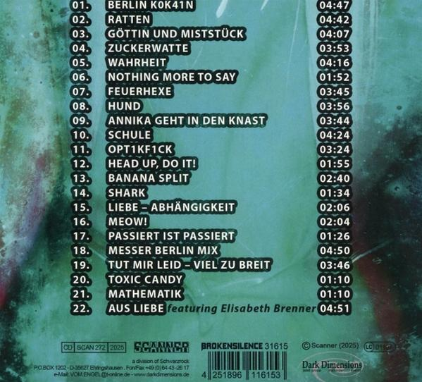 Trackliste mit Titeln und Laufzeiten auf grünem Hintergrund.
