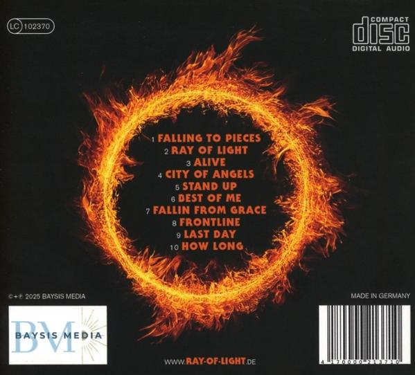 CD-Rückseite mit Flammenkreis und Songliste. Made in Germany.