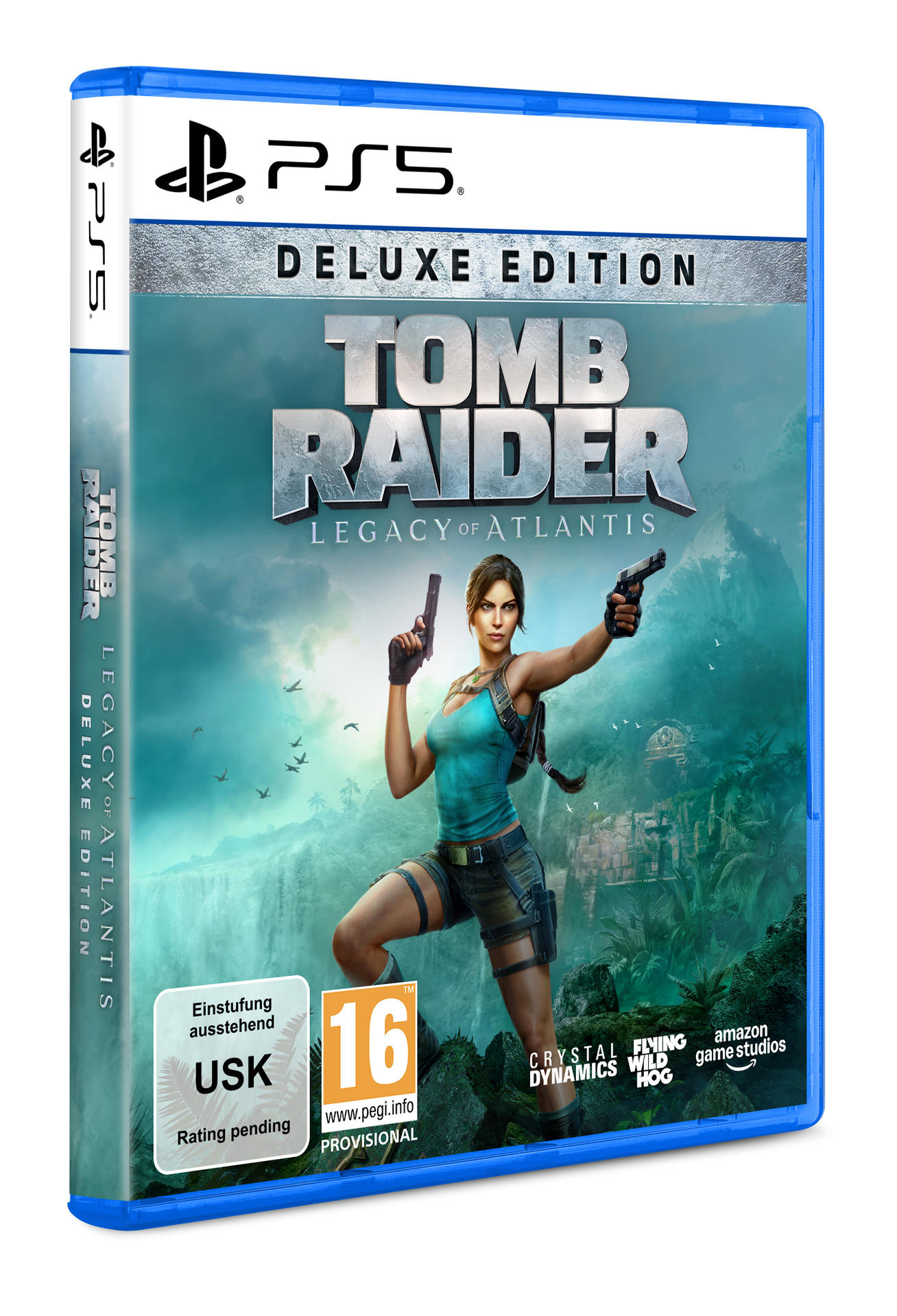 PS5 Spielhülle: Tomb Raider Deluxe Edition mit Lara Croft, zwei Pistolen, Dschungel-Szenerie.