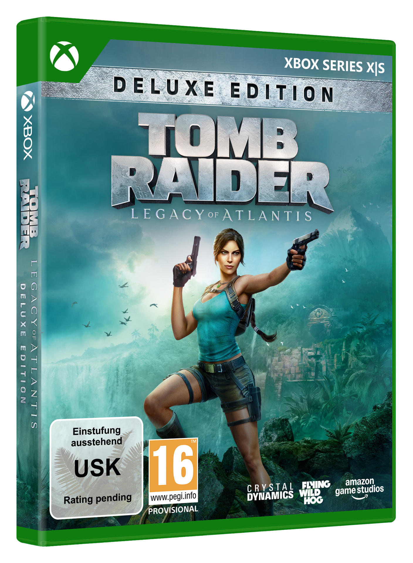 Lara Croft mit zwei Pistolen vor einer Wasserfall- und Tempelkulisse.