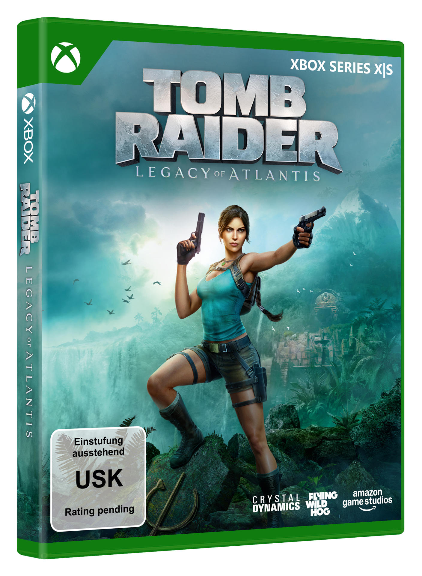 Cover von Tomb Raider: Legacy of Atlantis mit Lara Croft, Waffen und Dschungelszenerie.