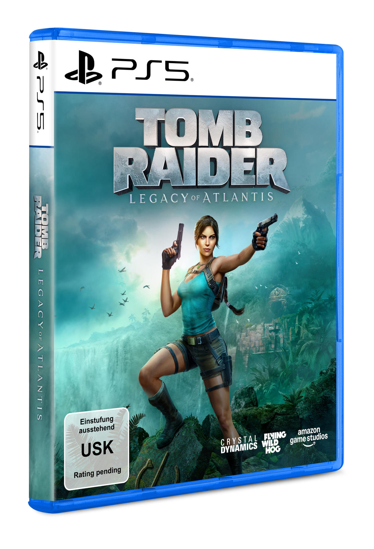 Lara Croft mit zwei Pistolen vor einem Wasserfall. PS5 Spielhülle.