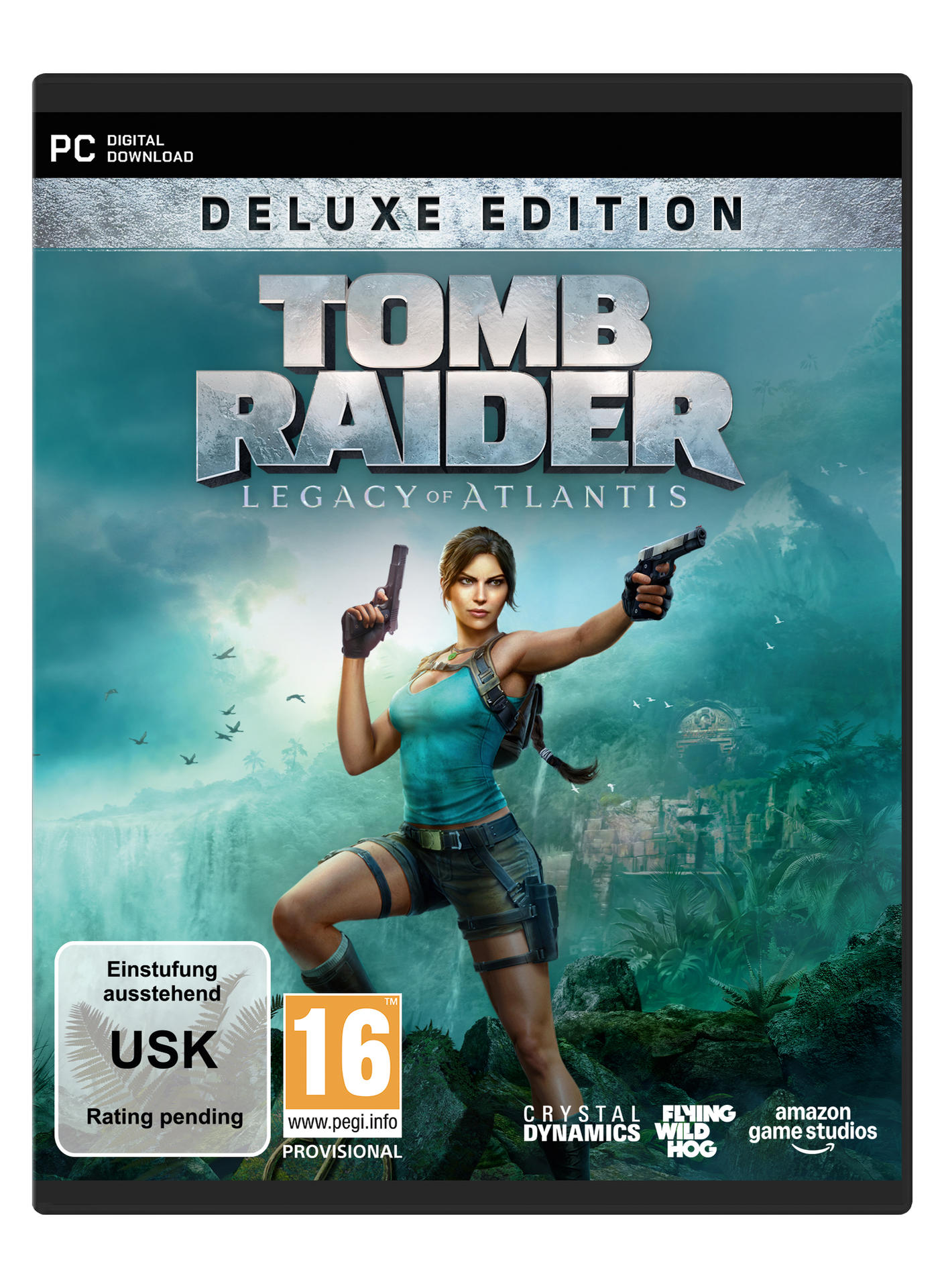 Cover von Tomb Raider: Legacy of Atlantis, Deluxe Edition mit Lara Croft und Pistolen.