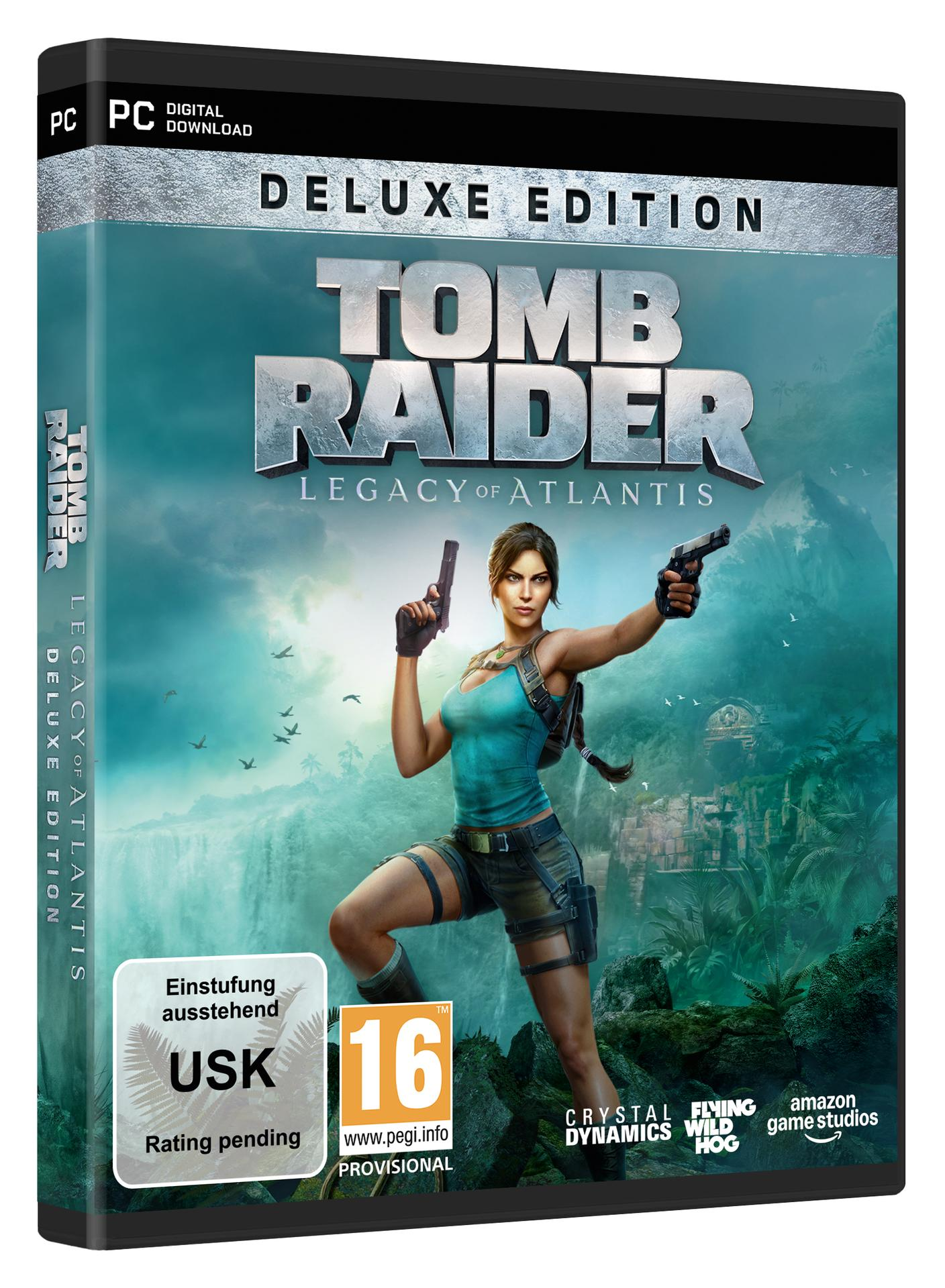 Lara Croft hält zwei Pistolen in der Hand vor einer Dschungellandschaft mit Wasserfall.