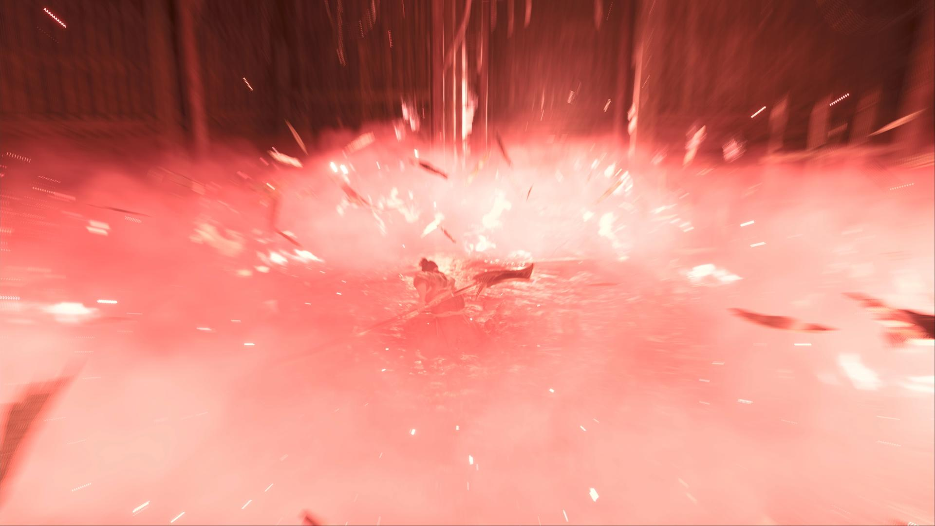 Ein Krieger mit Schwert in roter Explosion. Trümmer fliegen durch die Luft.