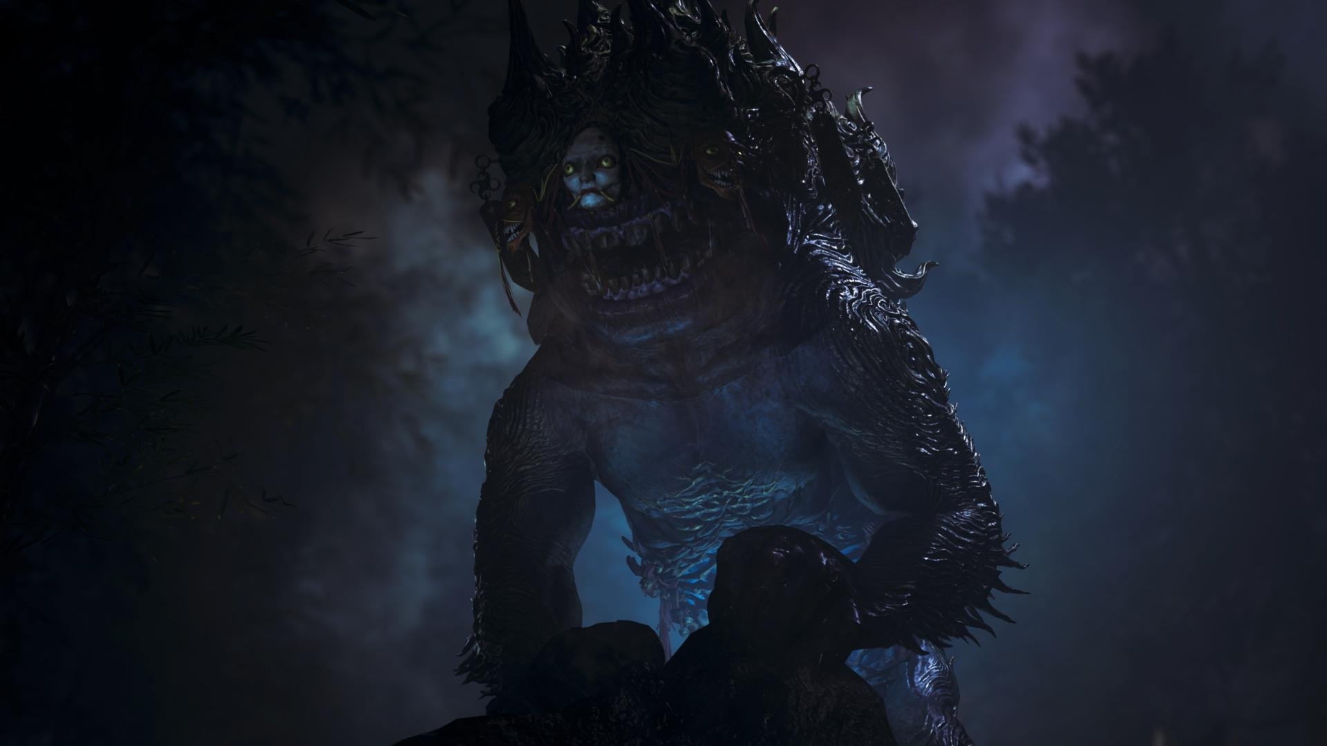 Ein riesiges, dunkles Monster mit leuchtenden Augen und offenem Maul steht im Nebel.