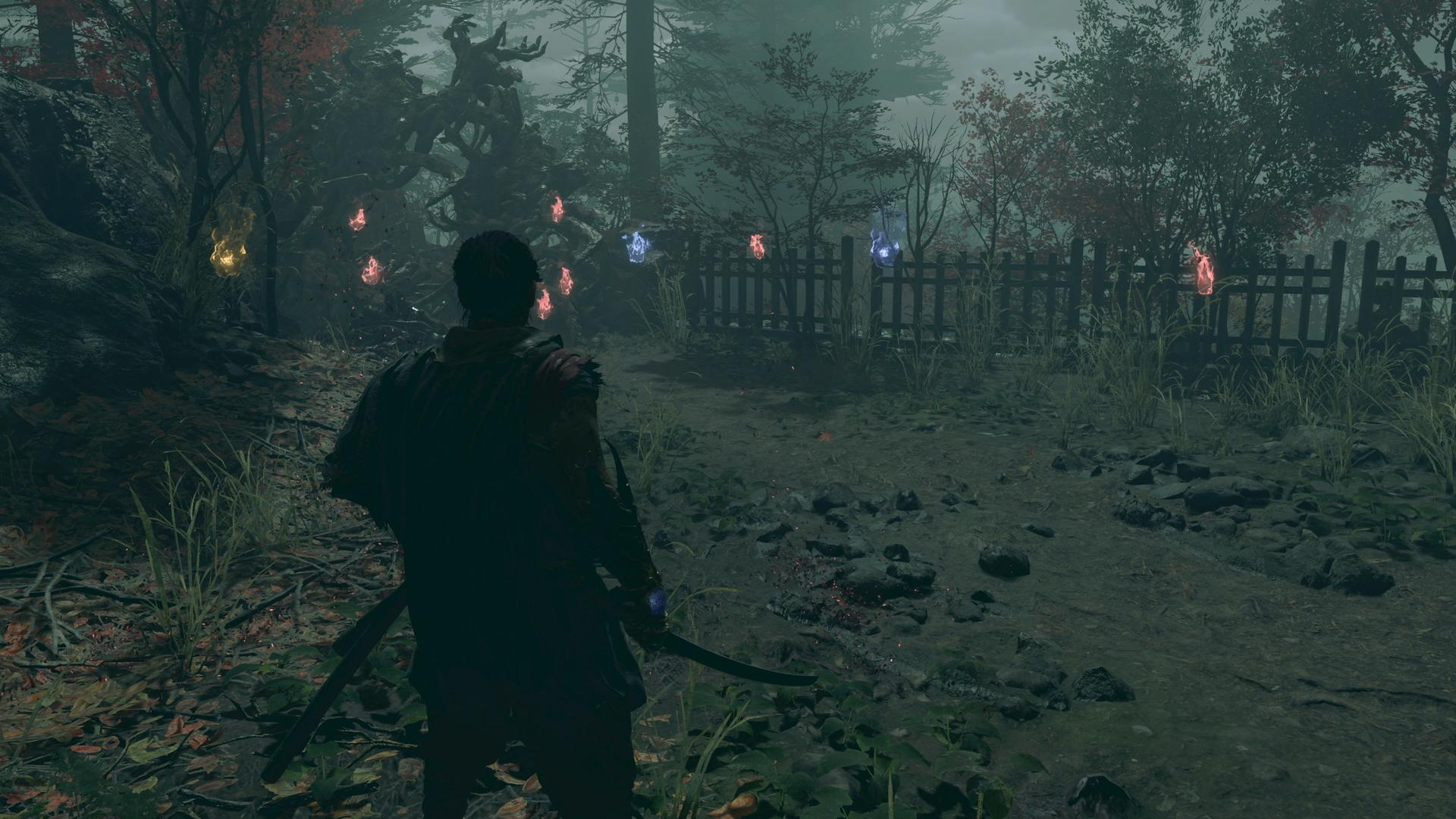 Ein Mann mit einem Schwert blickt auf schwebende Lichter in einem nebligen Wald.