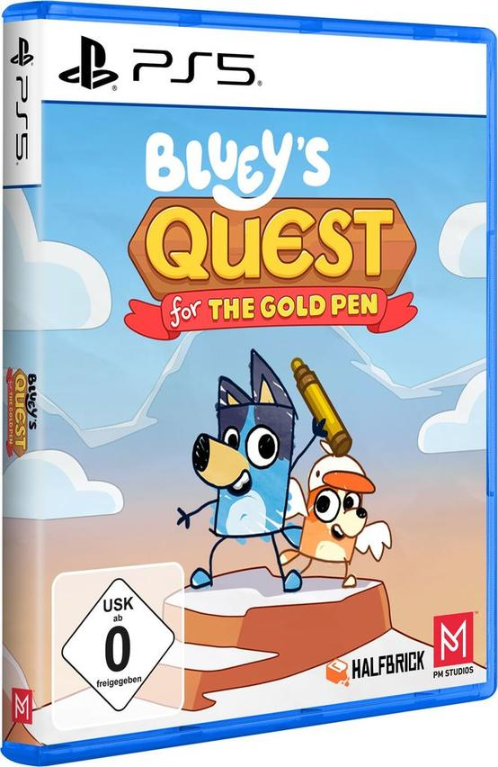 Bluey und Bingo spielen auf einer Bergspitze mit einem goldenen Stift. PS5 Spiel. USK 0.