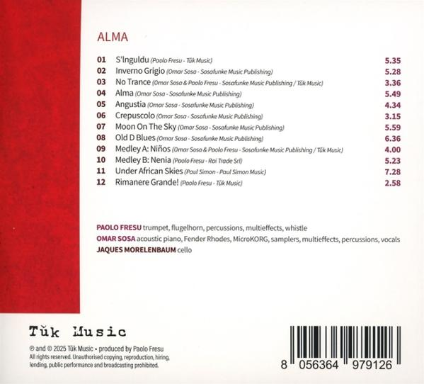 CD-Rückseite mit ALBUMTITEL ALMA, Titelliste, Künstlern und Barcode.