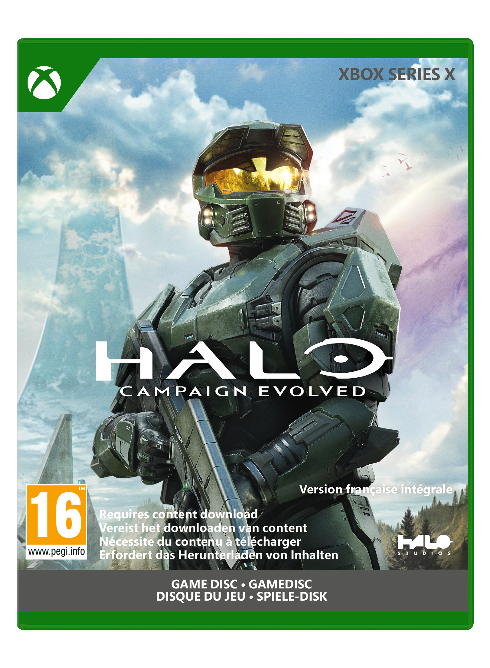 Master Chief in grüner Rüstung steht vor einer futuristischen Landschaft und dem Halo-Logo.