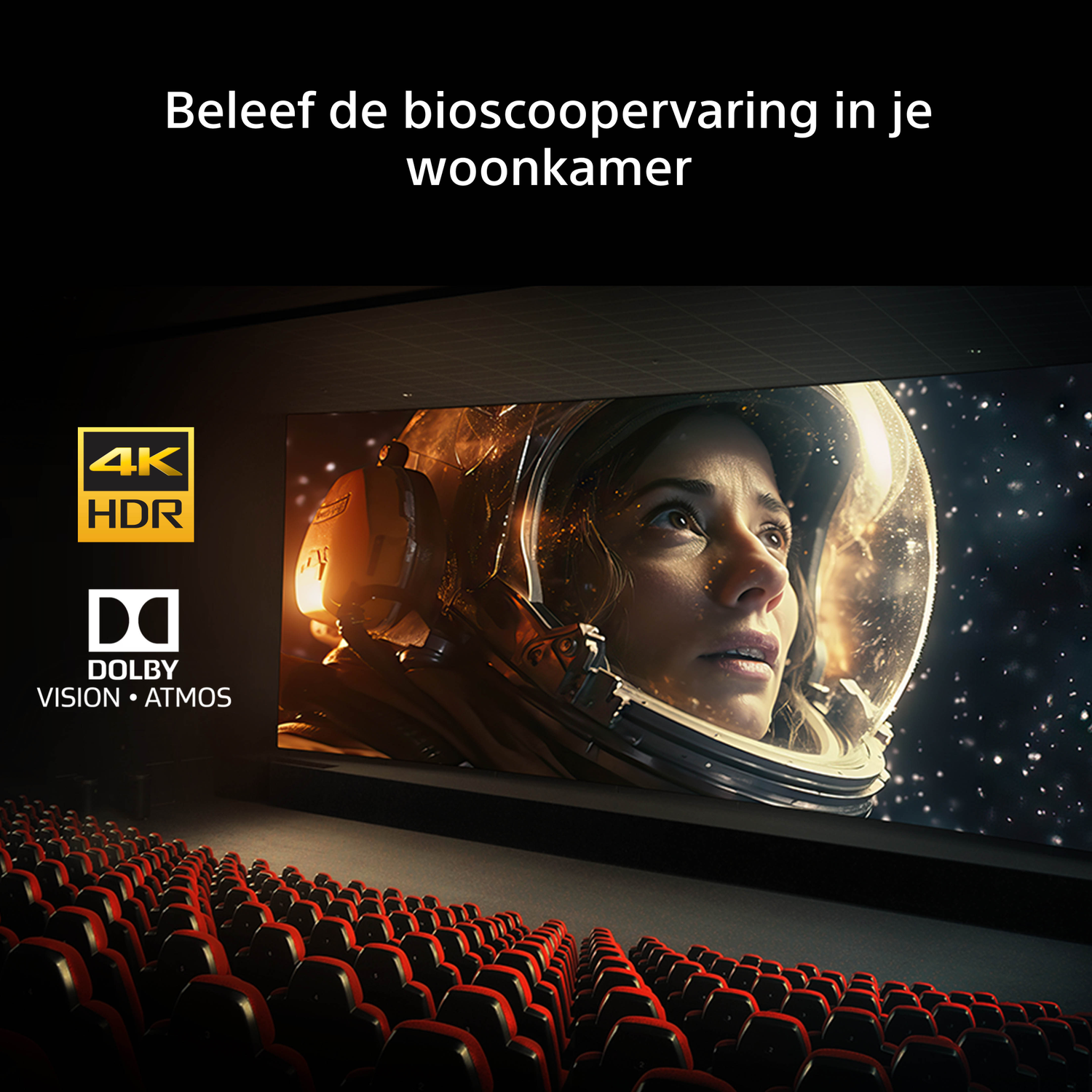 A cinema hall with red seats faces a large screen showing an astronaut.