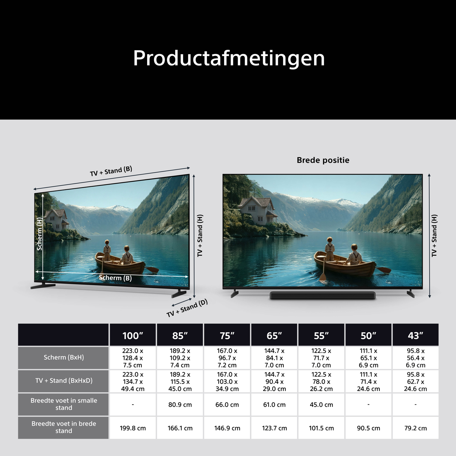 Table of TV sizes and dimensions in cm. Shows screen, stand, and total measurements.