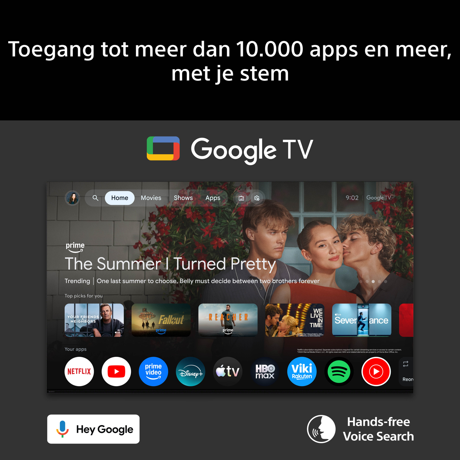 Google TV interface showing app icons, movie posters, and 'Hey Google'.