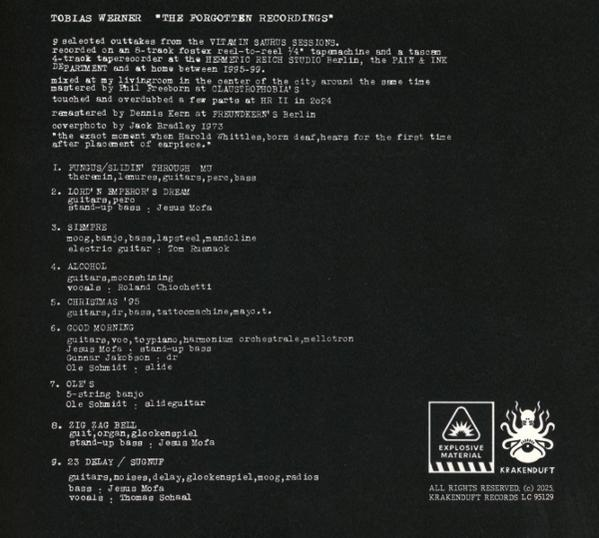 Schwarzes Cover mit Text über Tobias Werner, "The Forgotten Recordings", Songliste und Logos.
