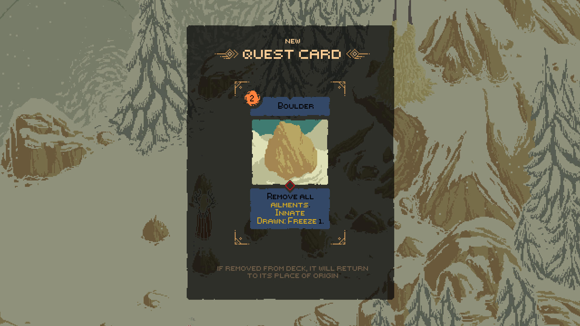 Eine Questkarte namens 'Boulder' mit einem Bild eines Felsens und Text.