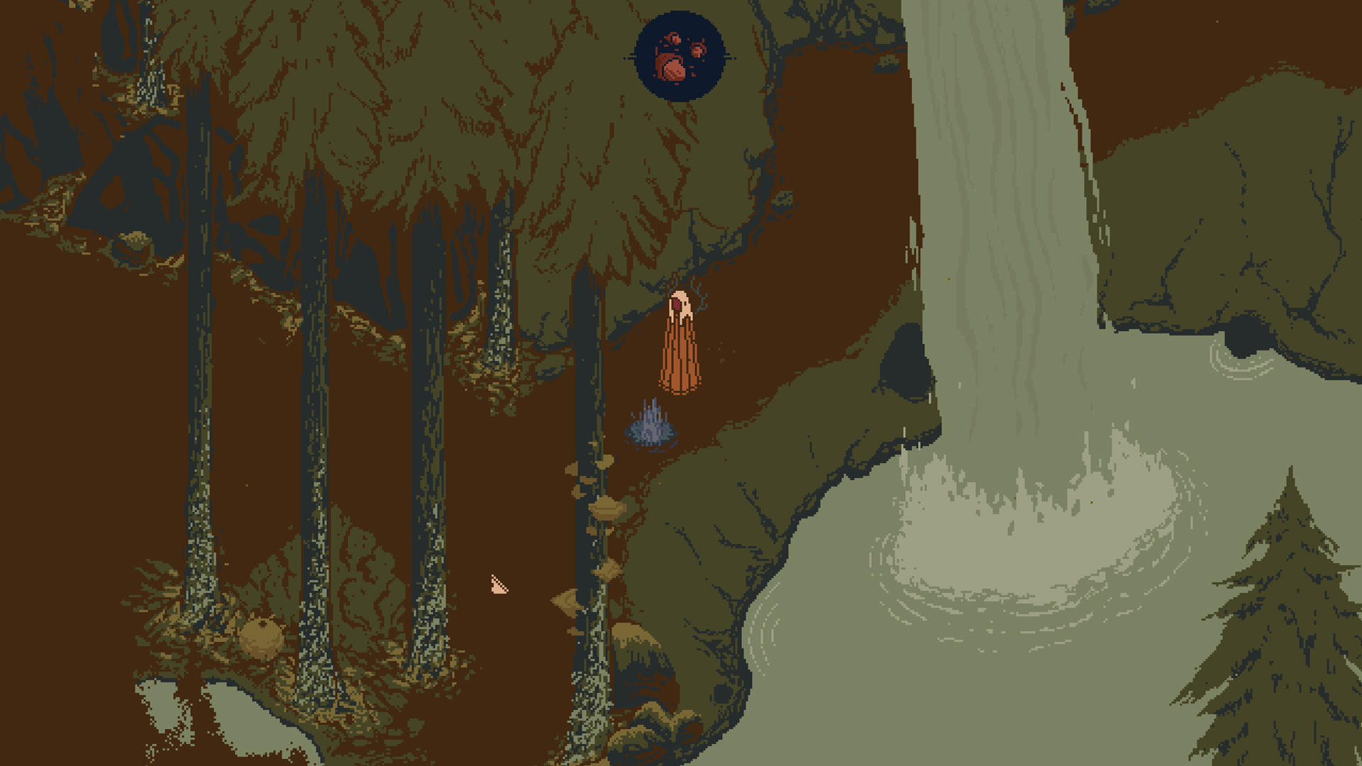 Pixel-Waldszene mit Wasserfall, einer Figur und Pilzen.