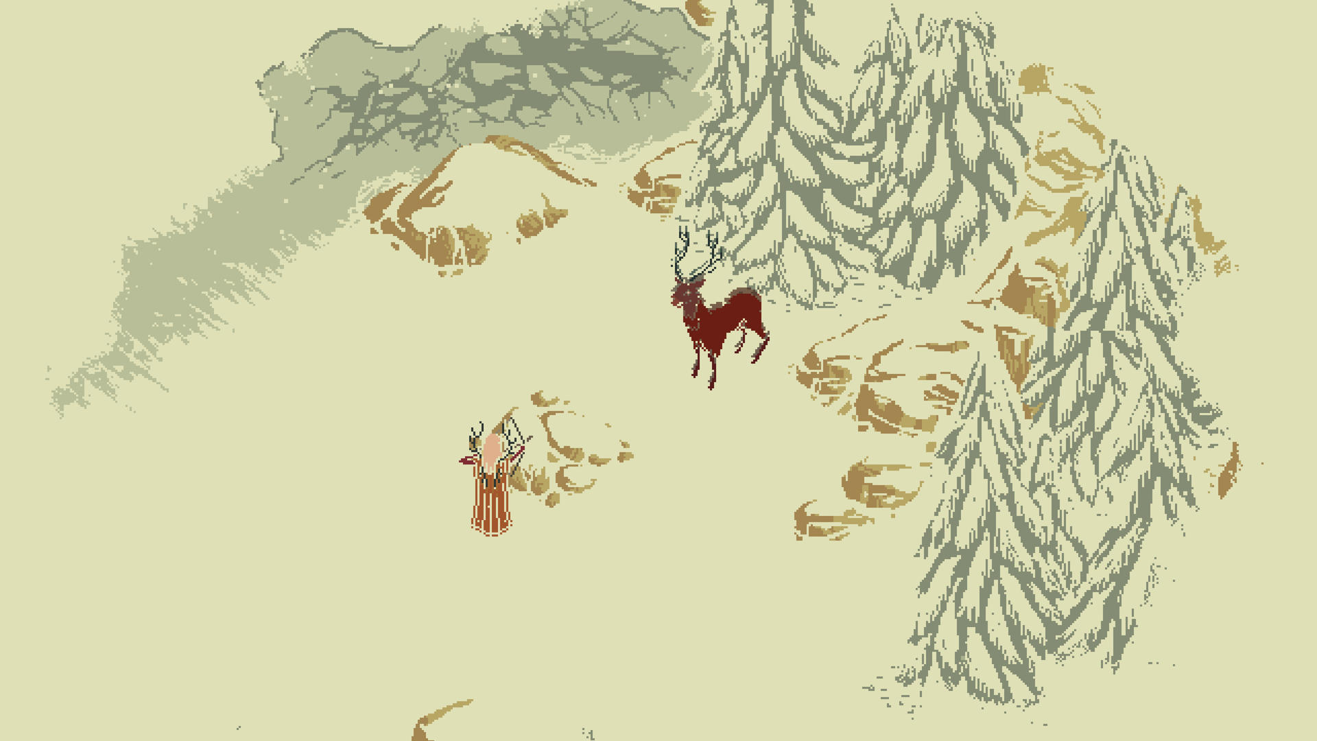 Ein roter Hirsch steht im Schnee. Eine Figur mit Pfeil und Bogen ist links.