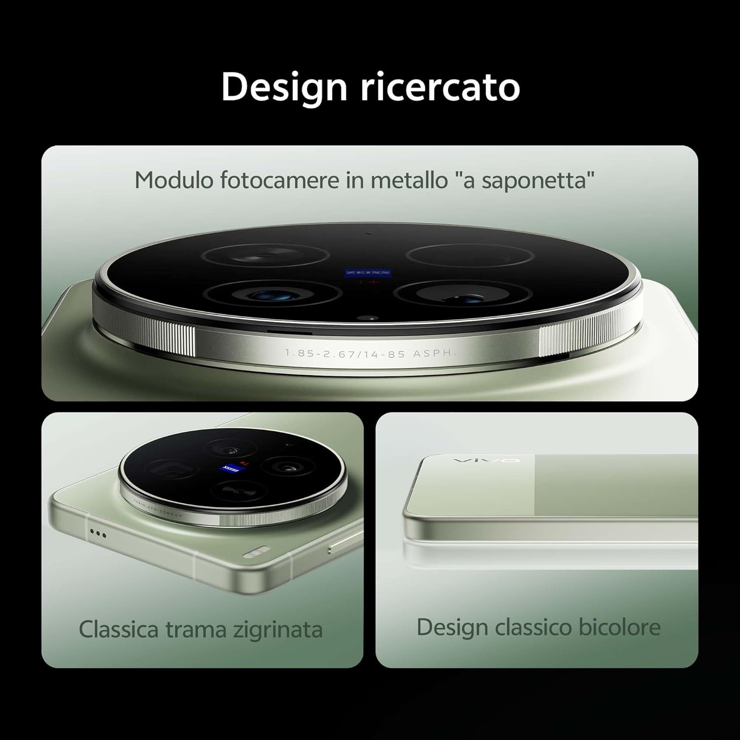 Tre viste di uno smartphone: modulo fotocamera, grip zigrinato, design bicolore.