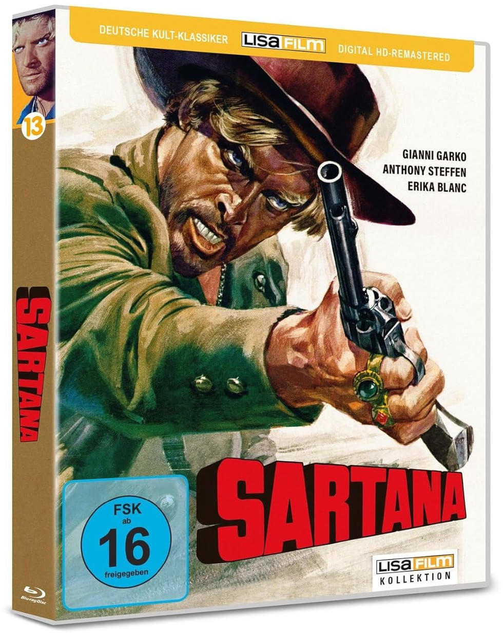 Mann im Hut hält Pistole, Western-Filmcover mit Titel SARTANA und FSK 16.
