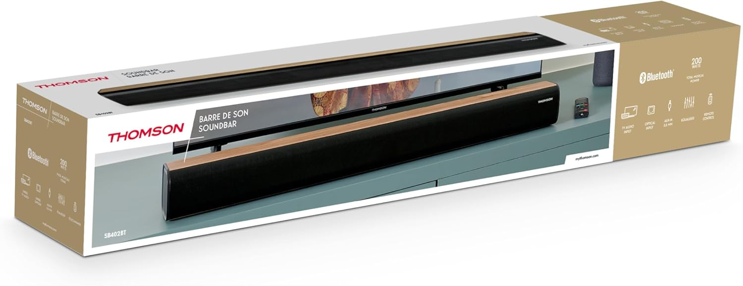 Barra de sonido Thomson SB402BT con detalles de madera y mando, en caja.
