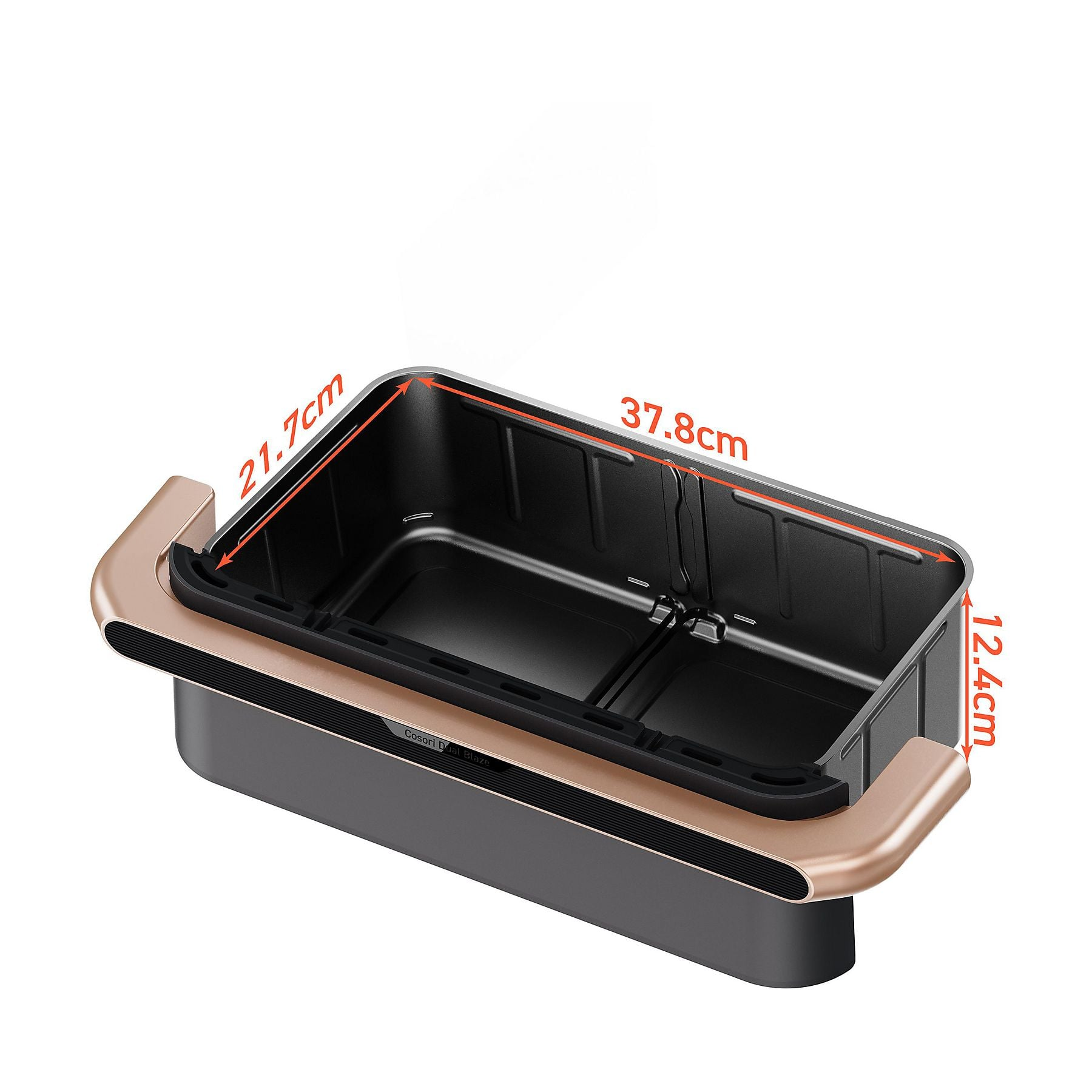 Una cesta negra de doble freidora de aire con medidas: 37,8 cm, 21,7 cm, 12,4 cm.