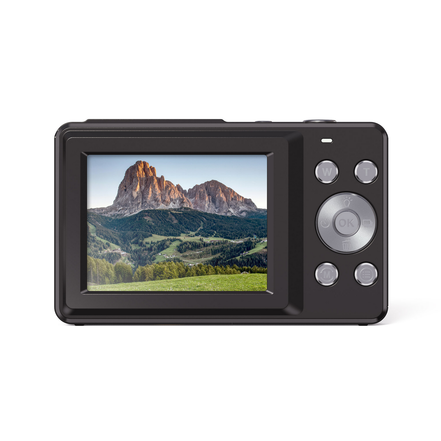 Reverso de una cámara digital negra mostrando un paisaje montañoso en su pantalla.