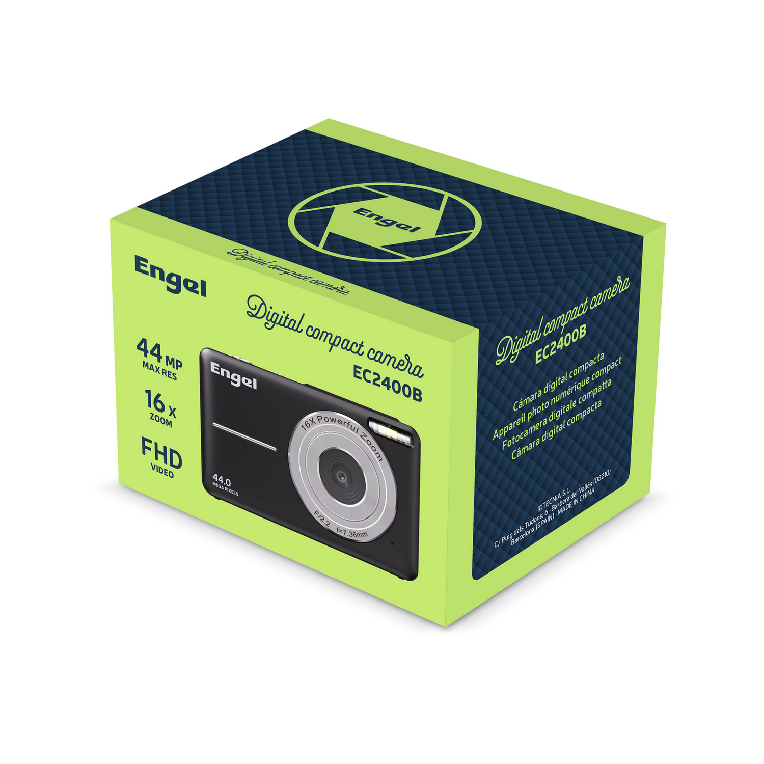 Cámara digital Engel EC2400B en embalaje con especificaciones.