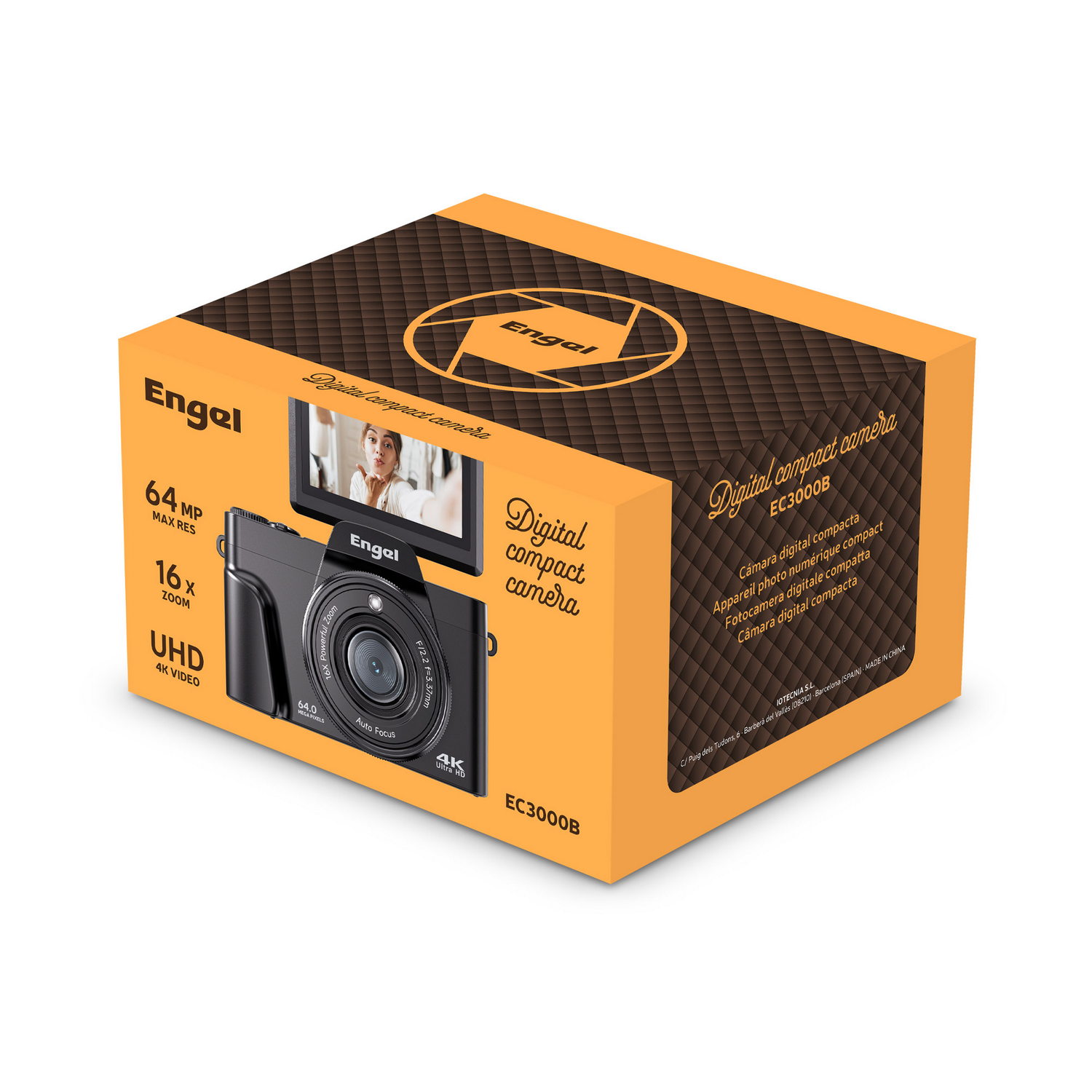 Embalaje de una cámara digital Engel con 64 MP, zoom 16x y video 4K.
