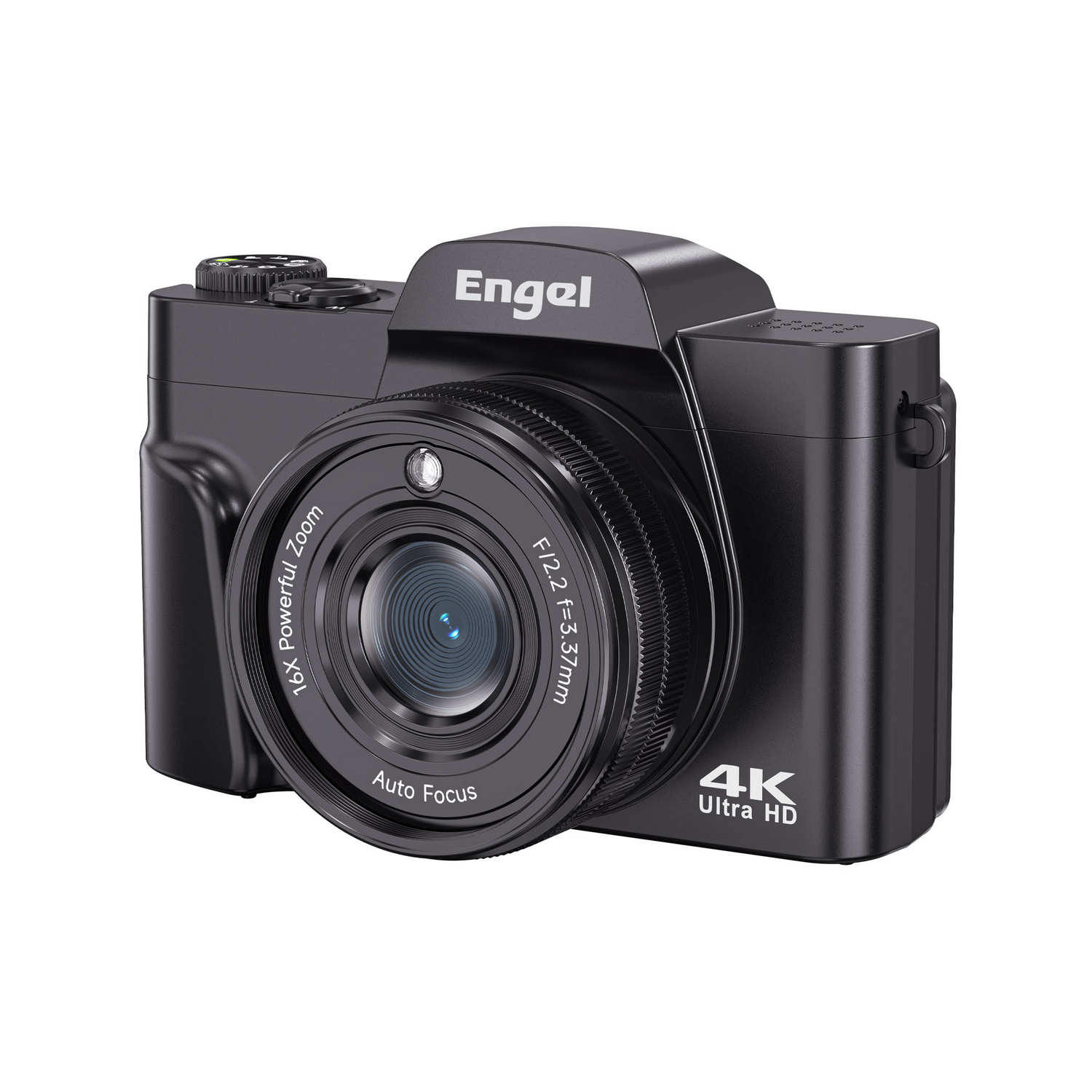 Cámara Engel negra con zoom 16x y grabación 4K Ultra HD.