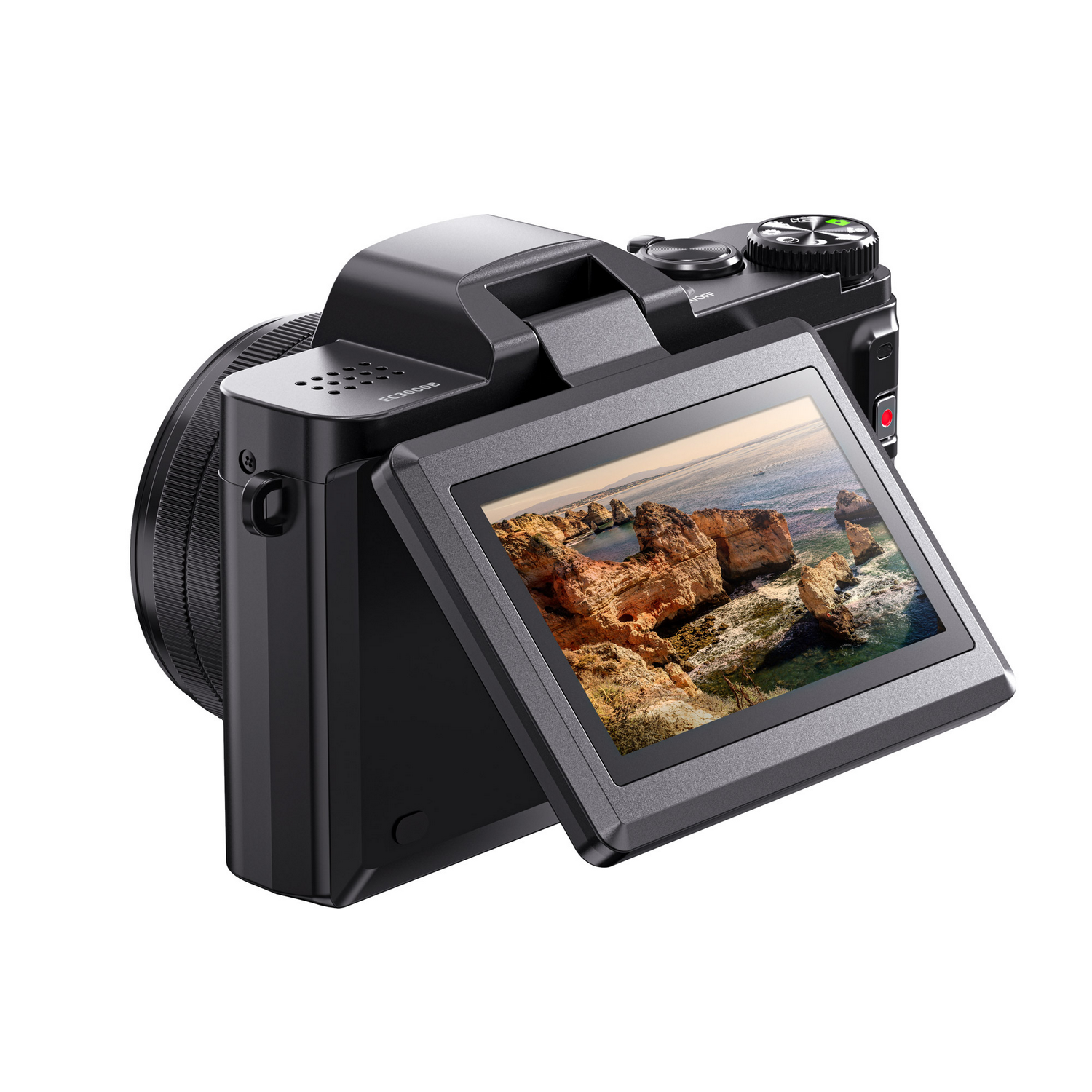 Cámara digital negra con pantalla abatible que muestra una costa rocosa.