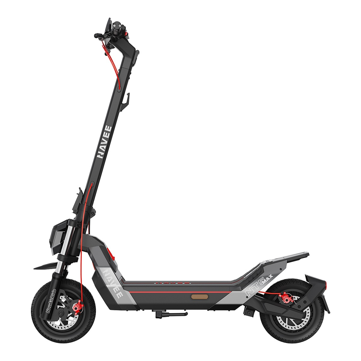 Un patinete eléctrico Navee negro con detalles rojos, mostrado de lado sobre fondo blanco.