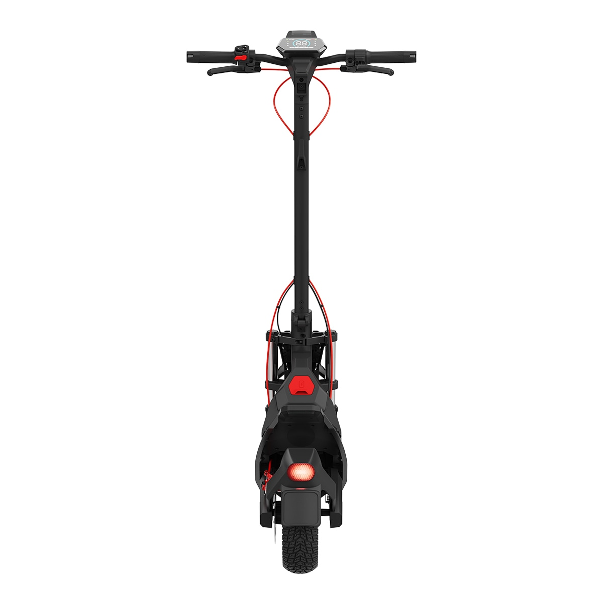 Un patinete eléctrico negro con detalles rojos y pantalla en el manillar.
