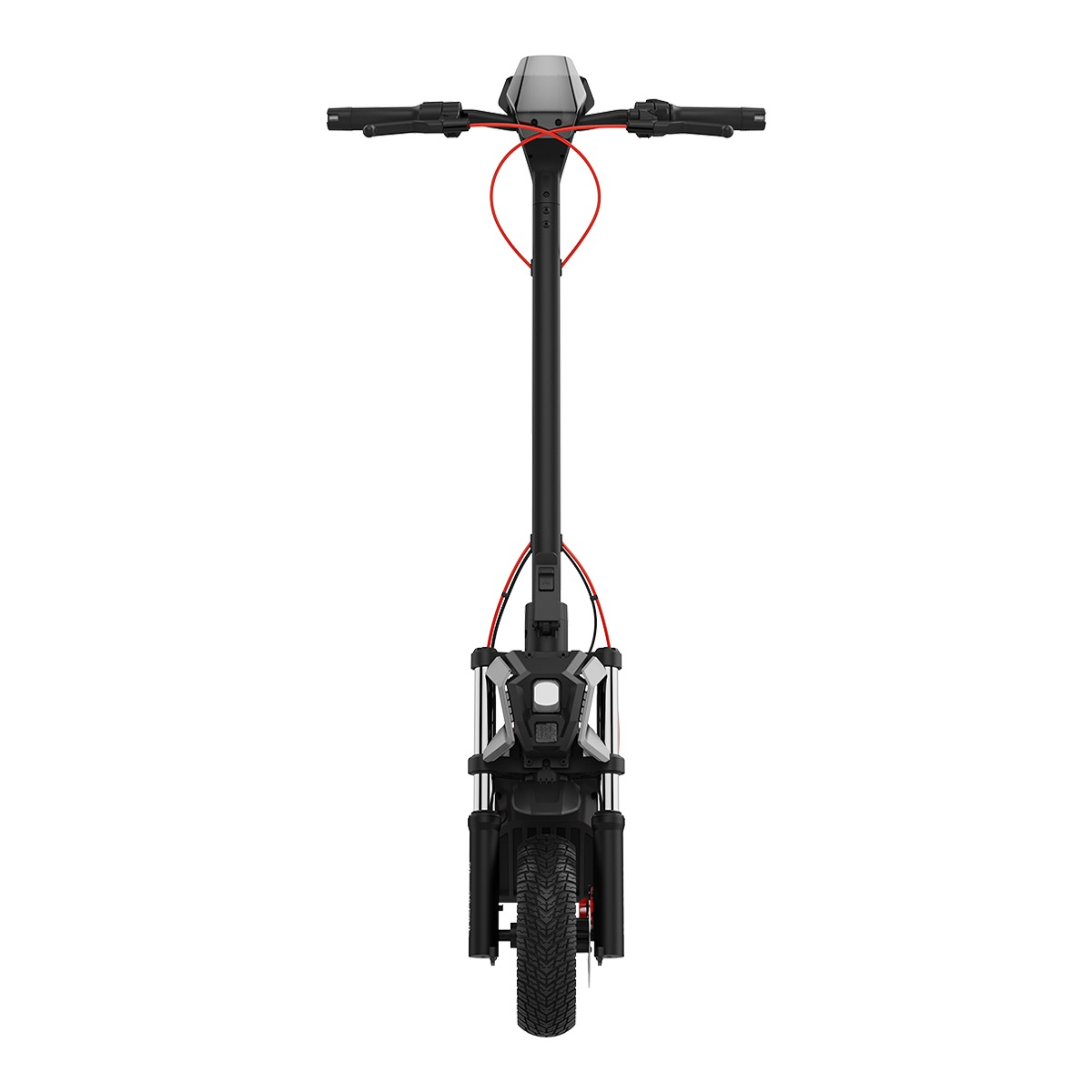 Patinete eléctrico negro con detalles rojos y neumático ancho.