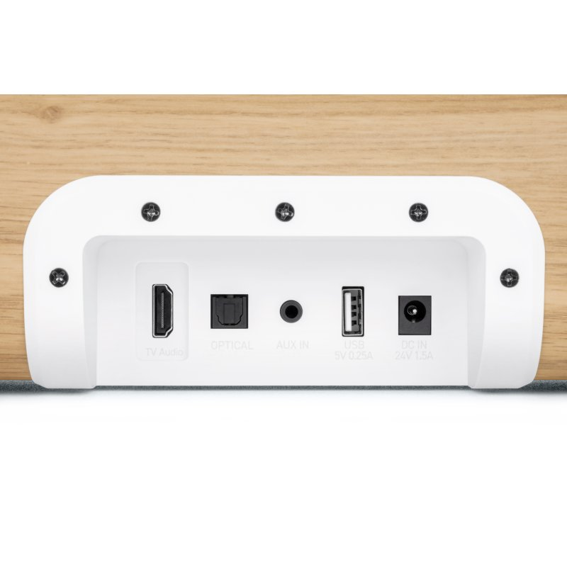 Vista trasera de un altavoz mostrando puertos: TV Audio, Óptico, Aux In, USB, DC In.