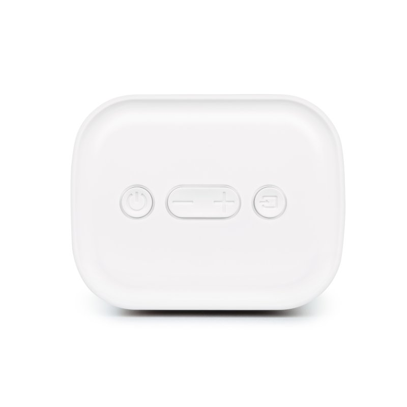 Un dispositivo blanco con botones de encendido y ajuste de volumen.