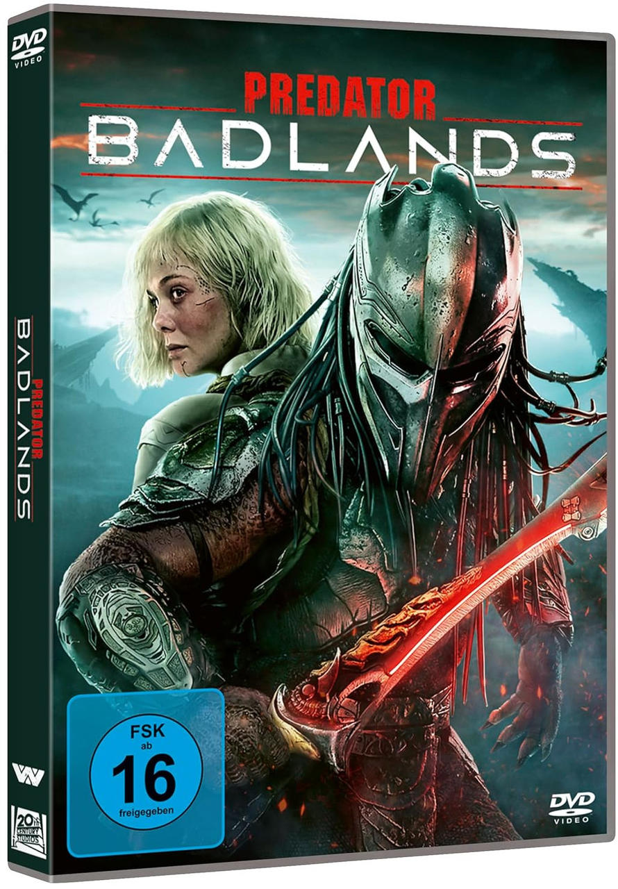 Ein Predator mit leuchtendem Schwert und eine Frau mit blonden Haaren, DVD-Cover.