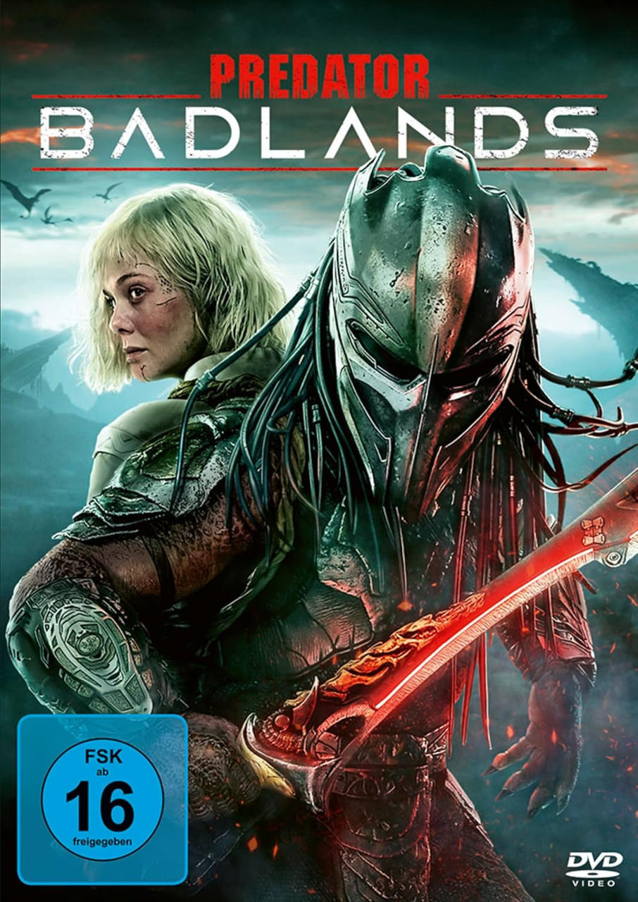 Ein Predator mit Helm und eine Frau mit blondem Haar stehen vor einer düsteren Landschaft.